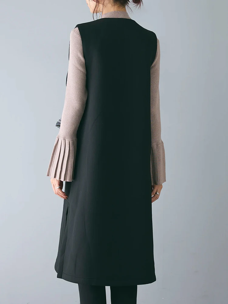 Heavy Industry Beaded Pocket Trench Coat Women 2024 New Autumn Winter Sleeveless Long Waistcot Female Casual Elegant Overcoat