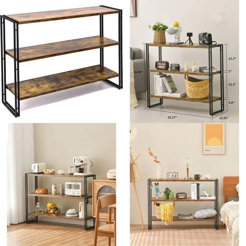 3-Tier Open Bookshelf Rustic Wood Metal Industrial Display Shelf for Home Office Bedroom Stand Up Storage Rack