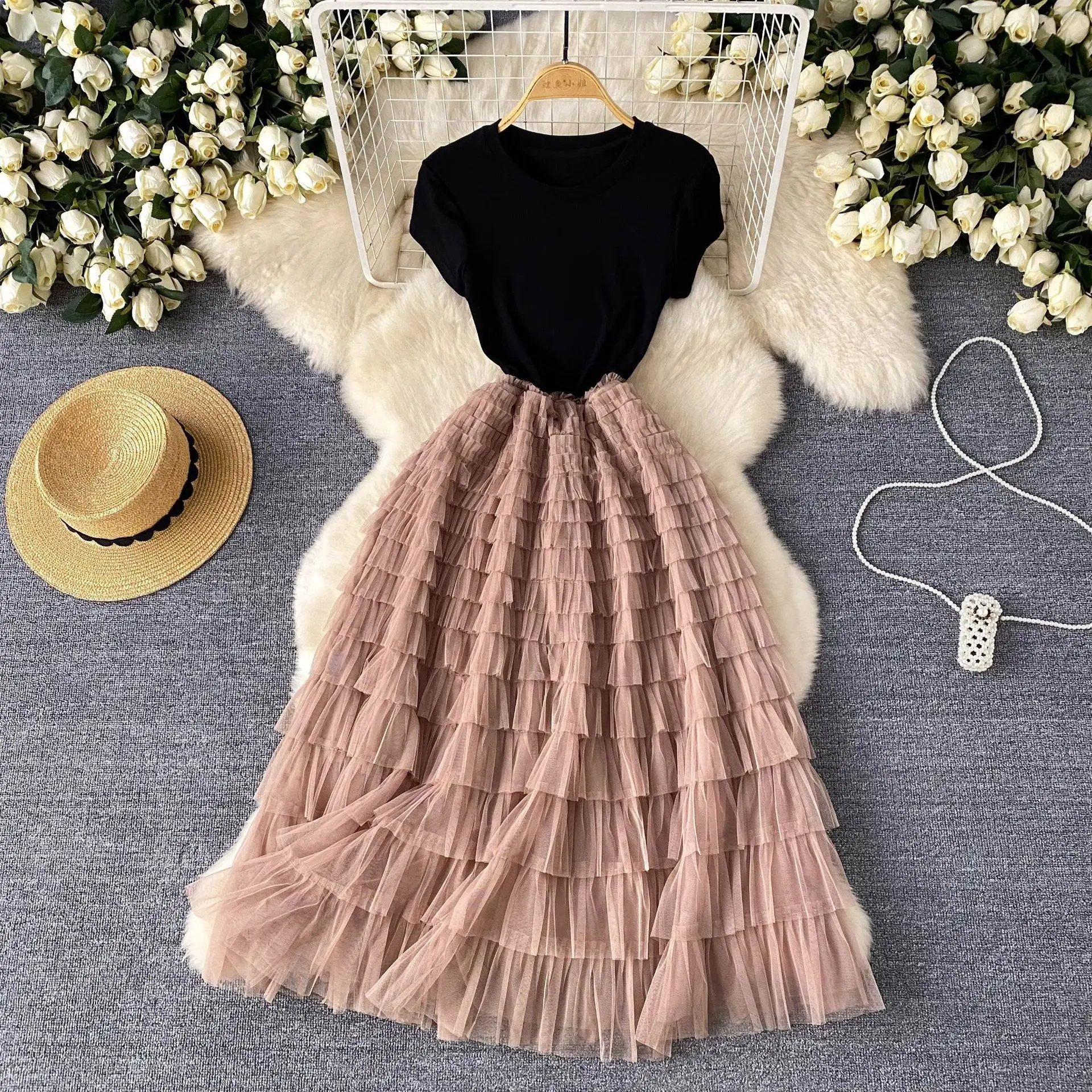 American European Style New Fashion Summer Women's Mesh Spliced Short Sleeve O-neck Dresses Casual Trendy Elegant Dresses Female