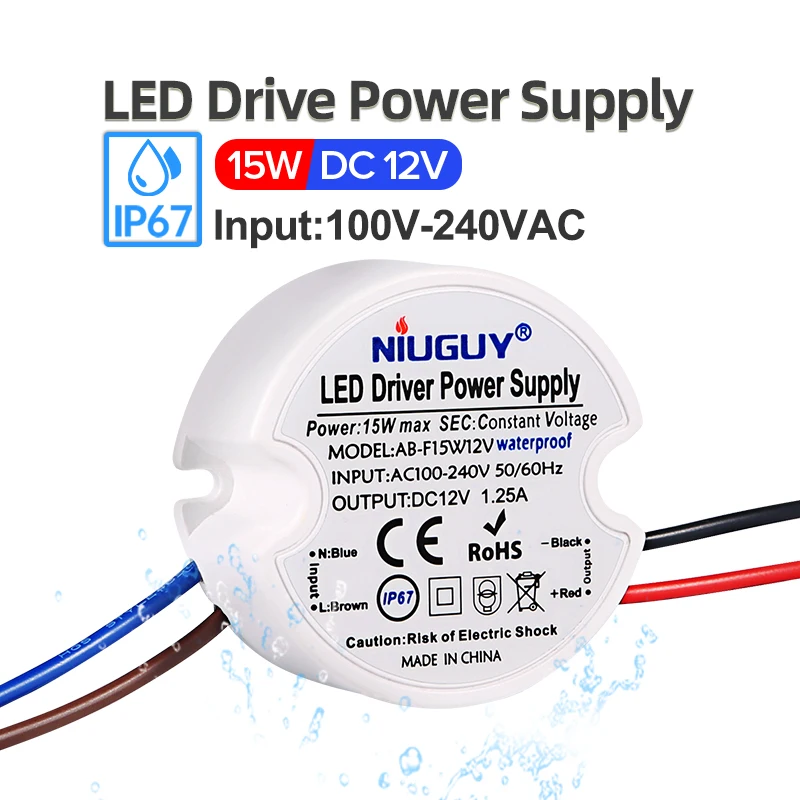 AC/DC Waterproof Transformers 12V Power Adapter IP67 Outdoor Waterproof Small LED Driver AC 110-220V TO DC 12V15W for LED Strips