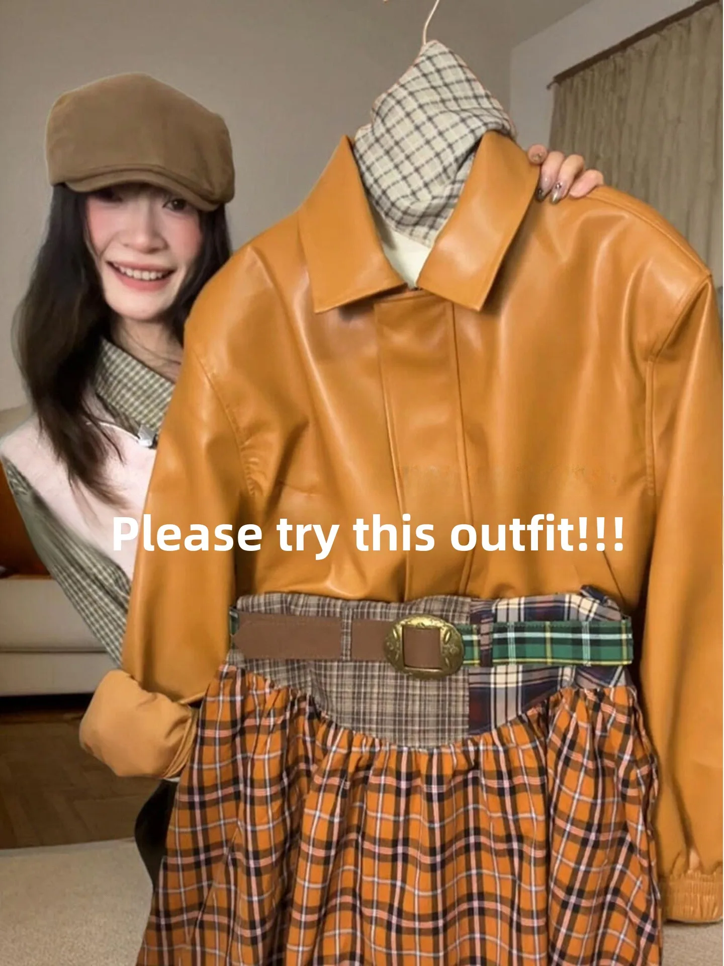 

plus Size Women's Vintage Leather Jacket And Plaid Skirt Two Piece Set Spring Autumn Fashion Elegant Ensemble