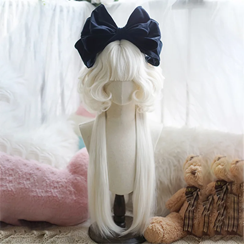 Wig Girl Lolita Curly Jellyfish Head Double Ponytail Milk White Solid Color JK Personalized Sweet Long Hair Full Headset Style