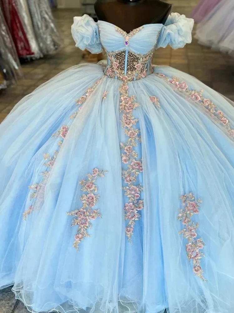 Feito sob encomenda céu azul quinceanera vestidos 2025 princesa doce 16 menina cristal vestidos de 15 anos flores vestido de festa de aniversário