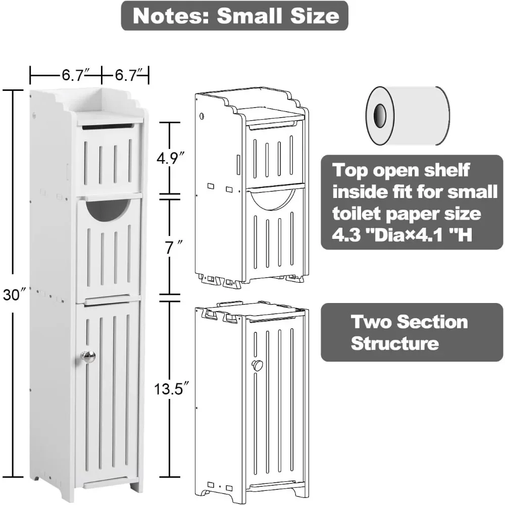 Narrow Storage Shelf Bathroom Toilet Paper Holder Stand Free-Standing Roll Holder 3 Tier Floor Cabinet With Door Storage Cabinet