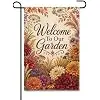 Autumn Welcome Garden Flag 12x18 Inch Burgundy Orange Dahlia Purple Aster Wheat Maple Leaf Berry Rustic Floral Farmhouse Out jjp