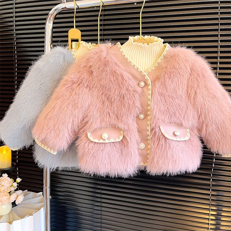 

New Fashion Girls Winter Faux Fur Thick Jacket Birthday Princess Outfits Clothes Long Sleeve Solid Color