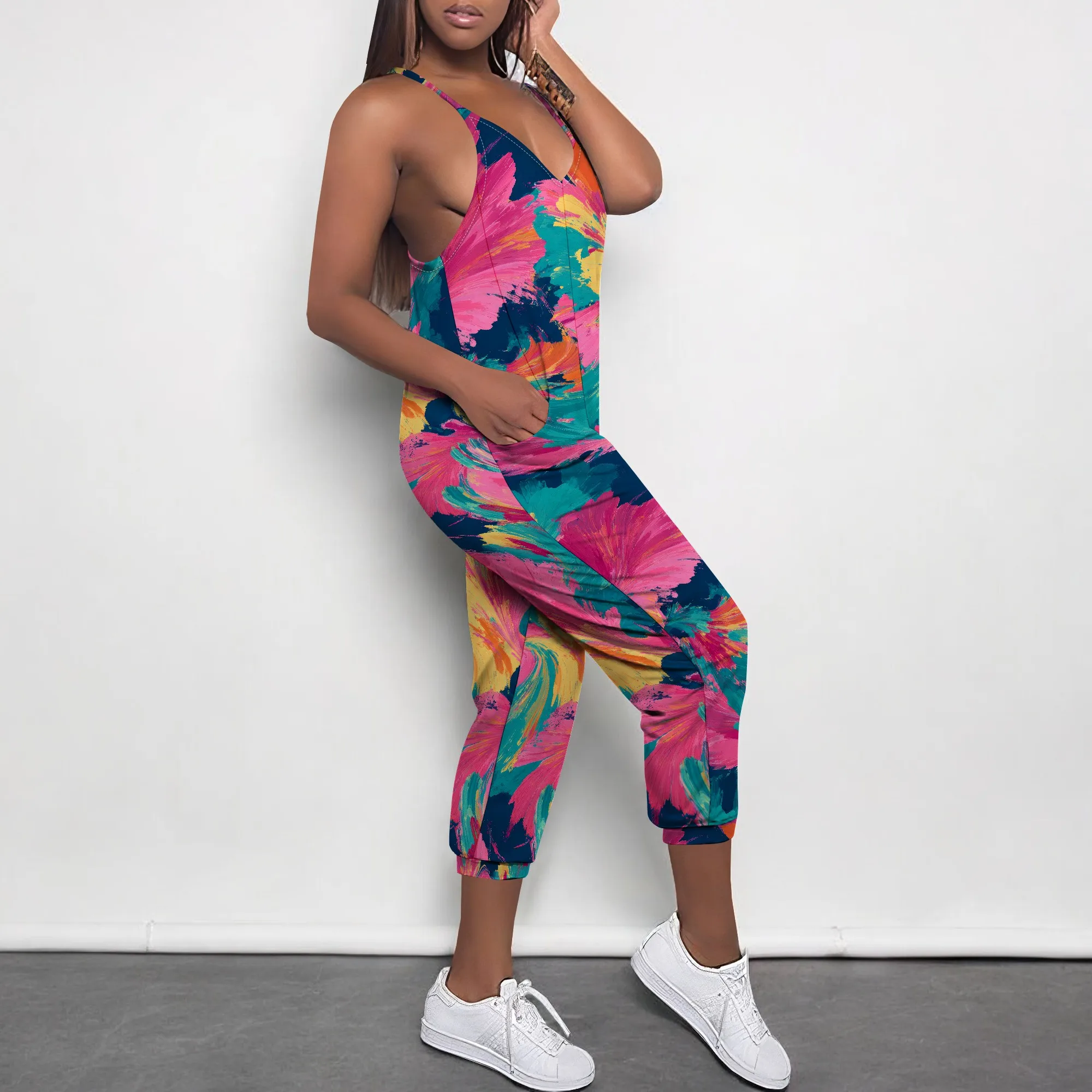 2025 Plus Size Bohemian Summer Fashion Women Overalls Sexy Backless Suspender Bodysuit Travel Floral Print Jumpsuit