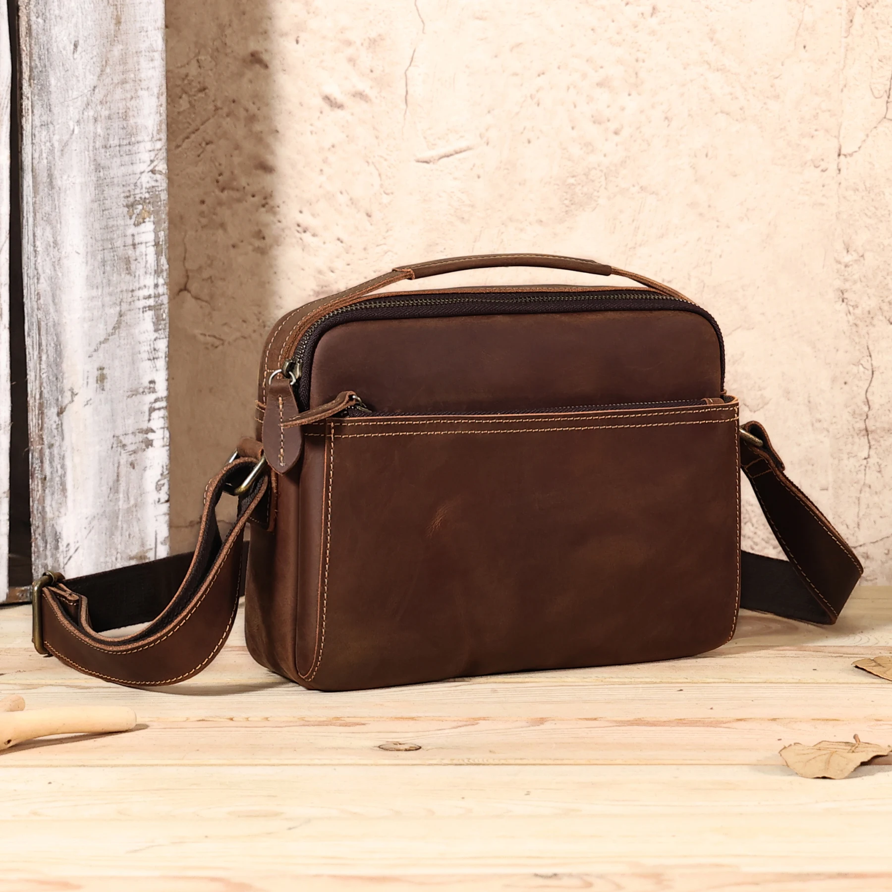 Vintage Crazy Horse Leather Shoulder Bag Men's Genuine Leather Crossbody Bag Messenger Bags Large Capacity High Quality Handbag