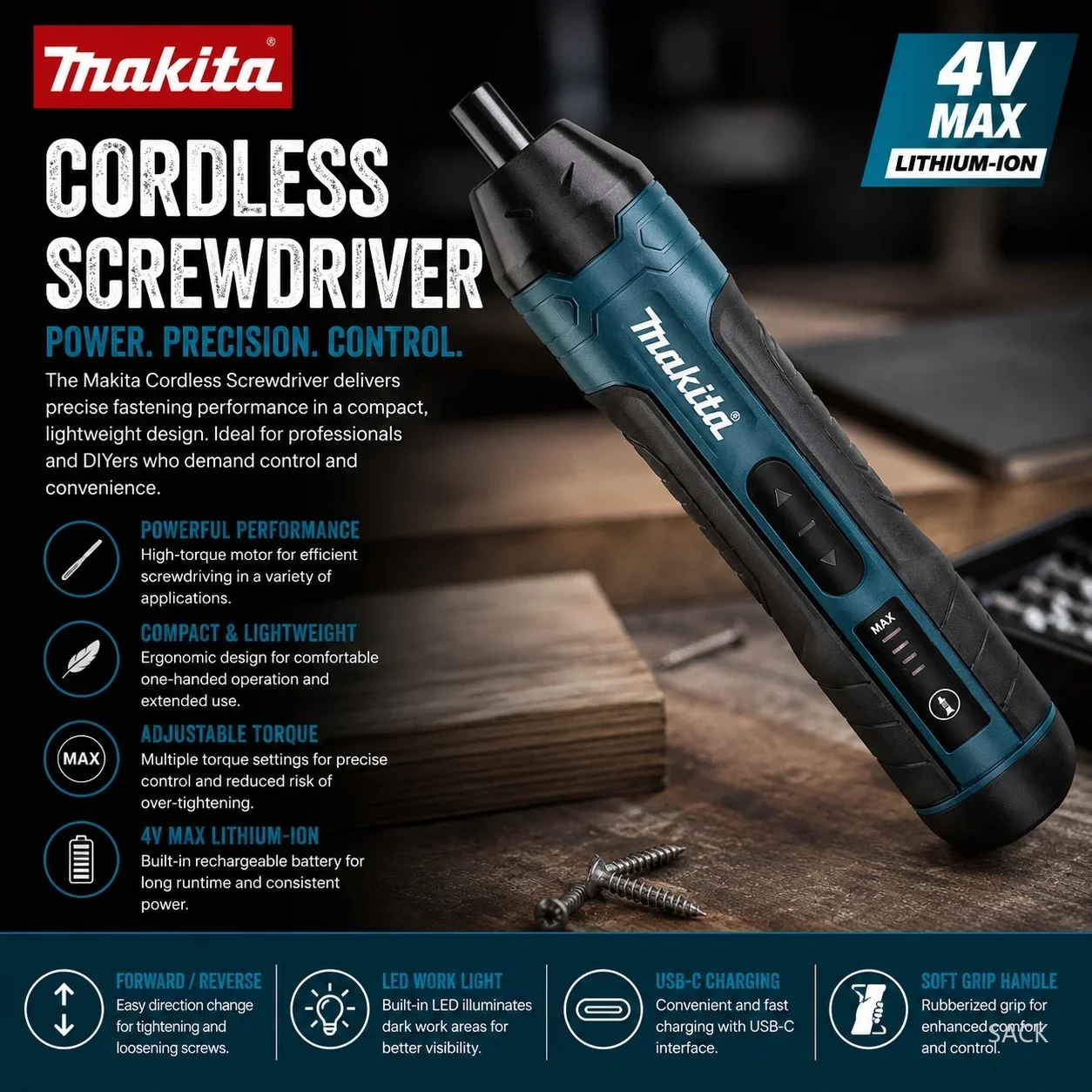 Makita Rechargeable Cordless Electric Screwdriver 1300mAh Adjustable Torque Power Drill Multi-functional Disassembly Repair Tool
