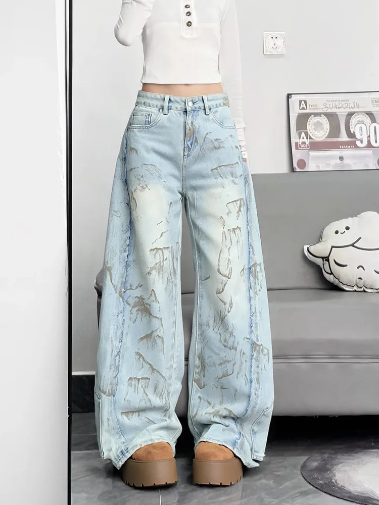 2025 Cyber Y2K Streetwear Graffiti Washed Blue Baggy Women's Stacked Jeans Pants Woman Clothing Streetwear Loose Denim Trousers