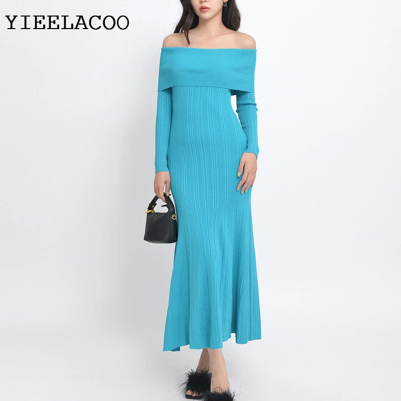 Light cooked style sexy one line neck wrap buttocks dress 2023 summer new open collarbone style dress one piece fishtail dress