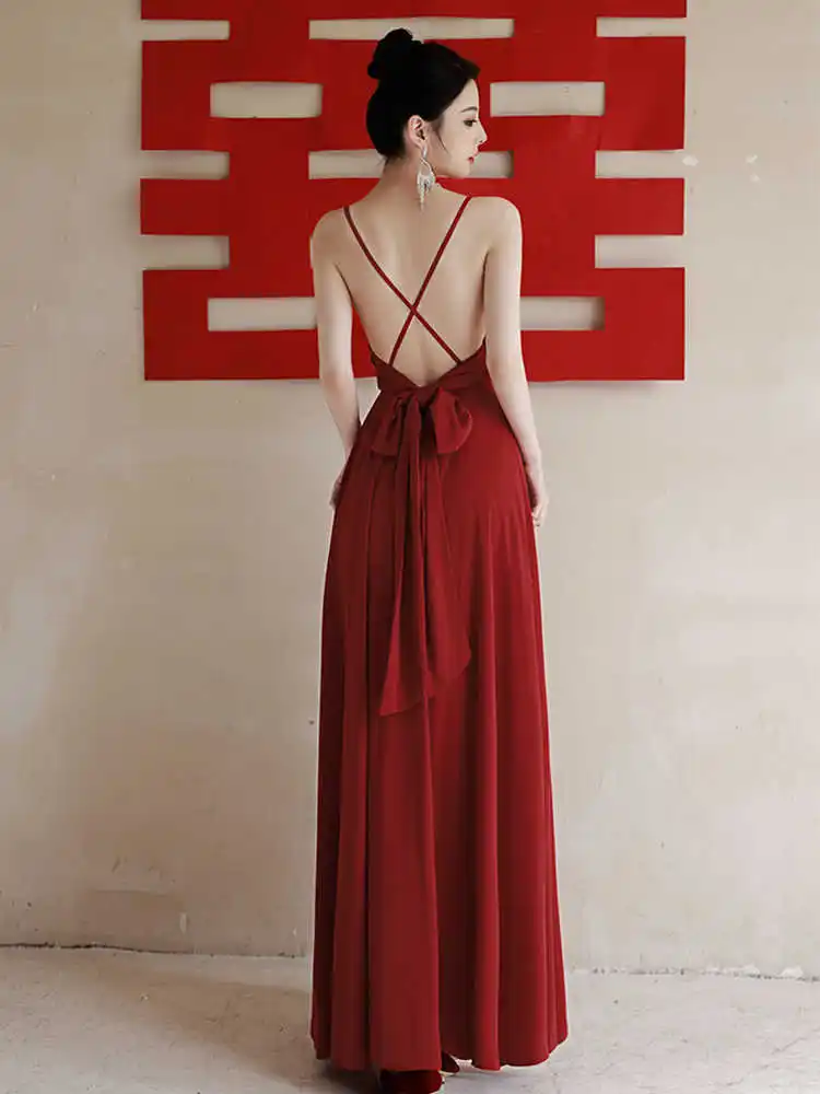

Wine Red Sexy Backless Engagement Party Dress Women V-Neck Suspender Prom Dresses 2025 New Bridal Toast Gown