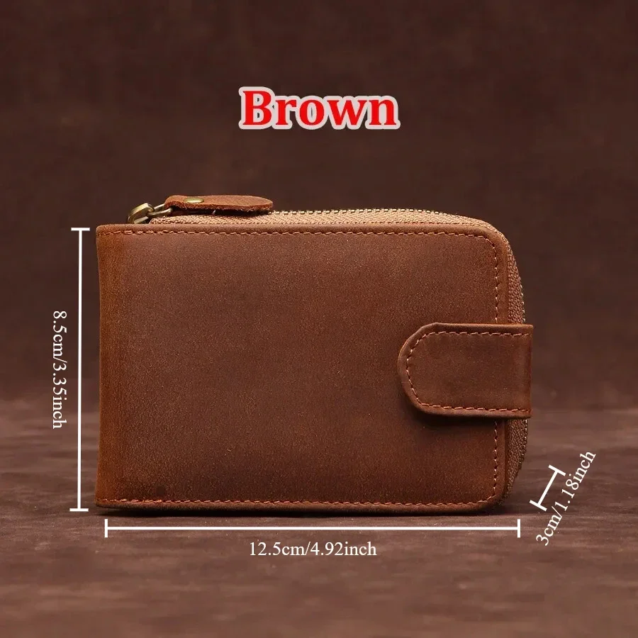 Men Vintage Crazy Horse Leather Accordion Card Holder Wallet Genuine Cowhide Multi Card Slots ID Photo Pocket Zipper Coin Purse