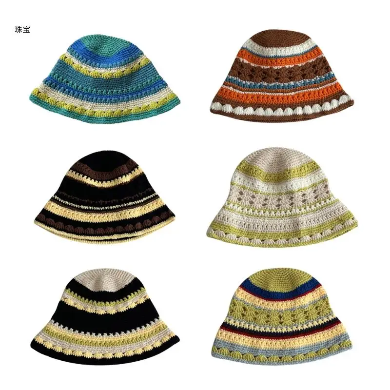 

X5QE Sunproof Woman Crochet Color Matching Hat Summer Fisherman Hat Teens Bucket Hat