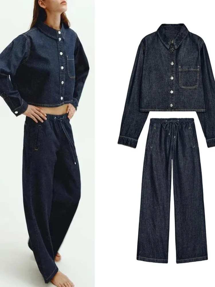 

New 2025 Women's Casual Versatile High Collar Denim Long Sve irt High Waist Long Pants Faion Set High Waist Casual Sle