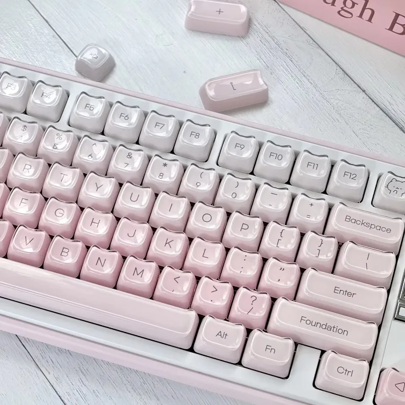 Cute Kitten Foundation Keycap Set MAO Profile PBT+PC Round Ball Cat Ear Keycaps for MX Switch Custom Mechanical Keyboard Gaming