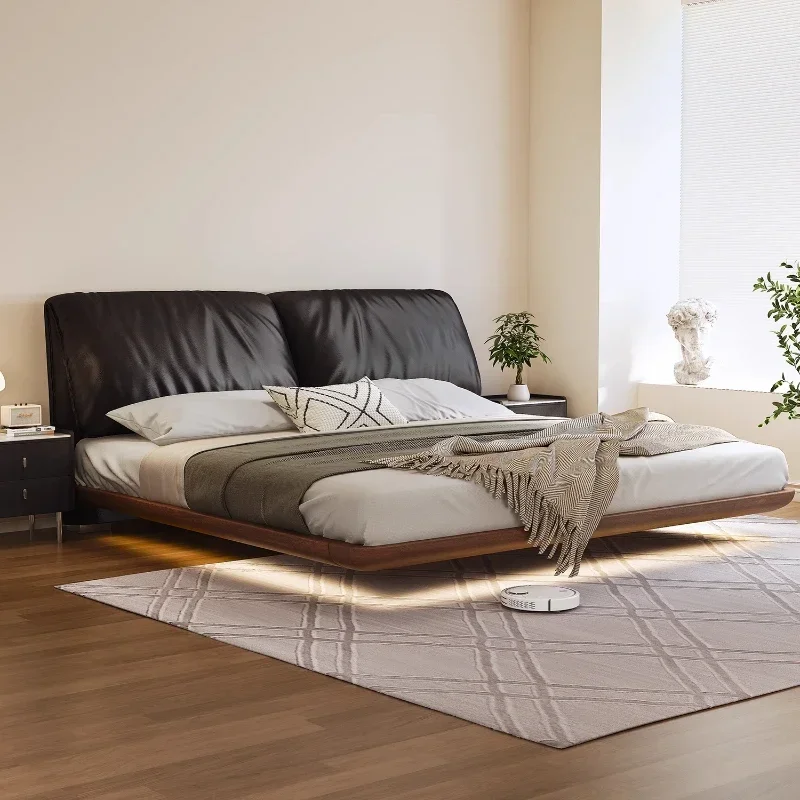 Elephant ear suspension bed Italian minimalist solid wood leather bed Master bedroom suspended bed First layer cowhide retro