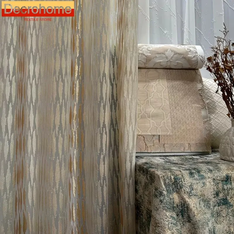 Gold Thread Jacquard Tulle Curtains for Living Room Bedroom Gradual Window Screen French Window Balcony Curtains Customize