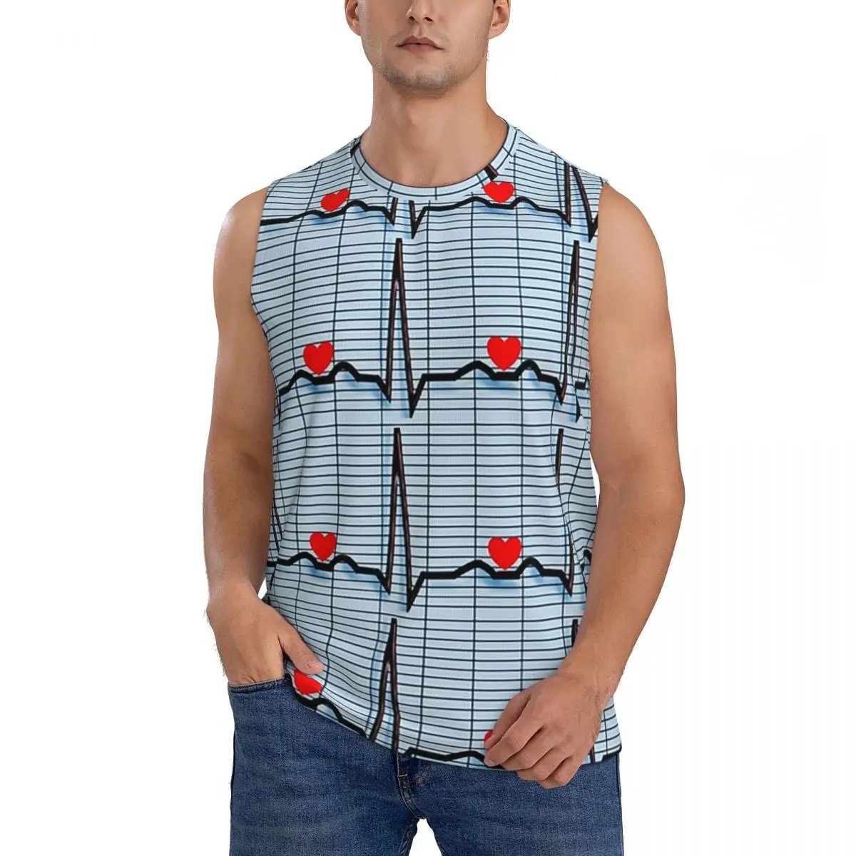 EKG Cardiac Rhythm Strips Men Sleeveless Tank Tops Quick Dry Breathable Gym Fitness Running Summer Casual Sport Vest