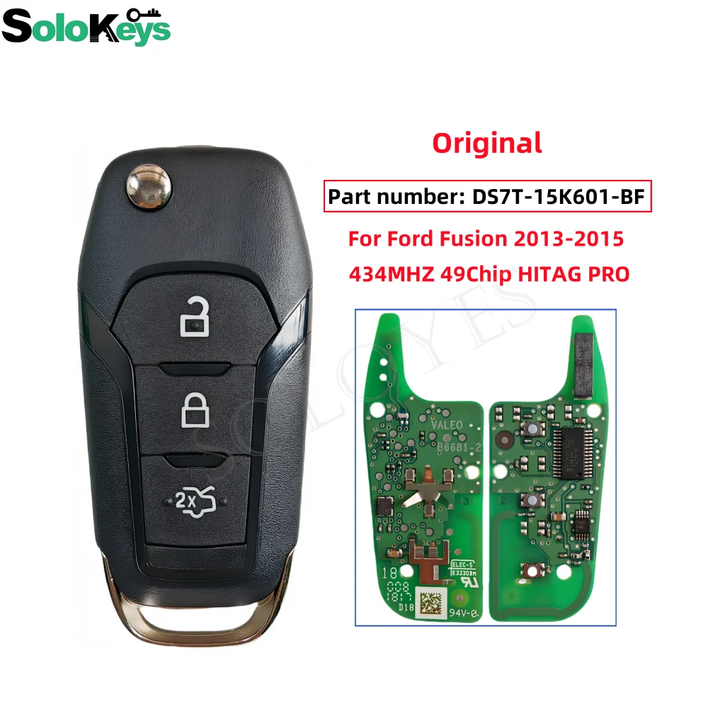 SOLOKEYS nomor bagian: DS7T-15K601-BF untuk Ford Fusion kunci Remote Flip asli 3 tombol 433MHZ 49 Chip HITAG PRO dengan LOGO