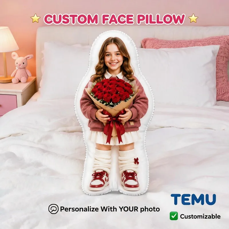 Custom Personalized Photo Shaped Pillow, Smiling Portrait Holding Red Roses Decorative Cushion, Unique Home Decor Accent for Sof