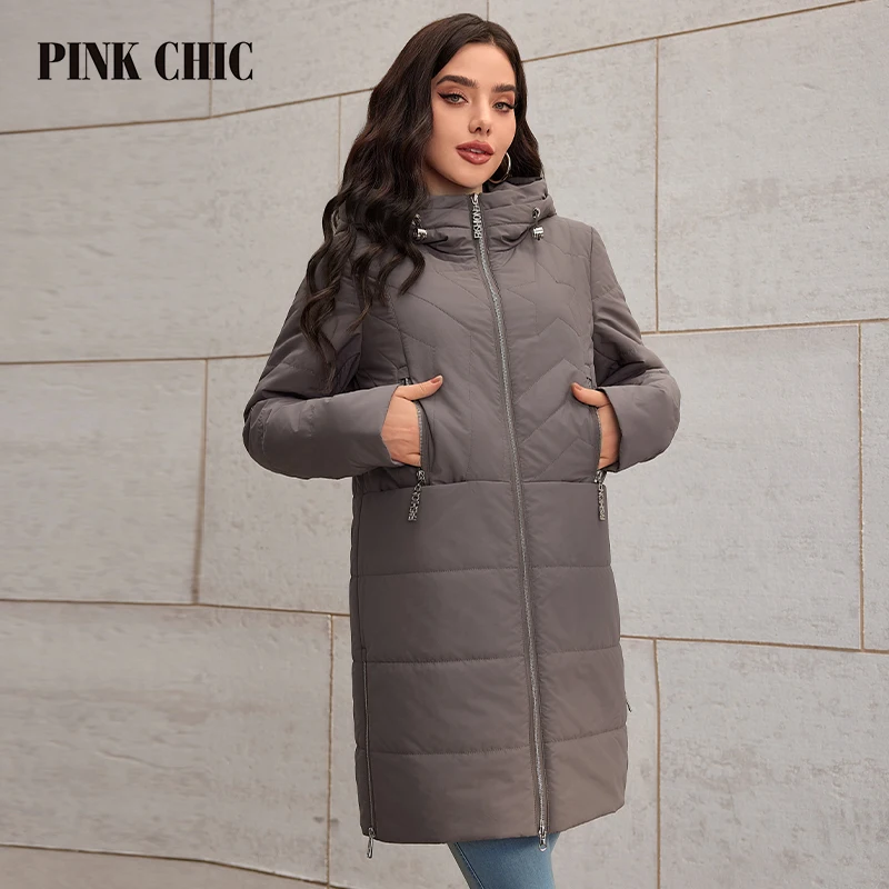 PINK CHIC Spring 2024 Women\'s Parka Loose Down Jacket Hooded Women\'s Outerwear Fashion Outerwear Quilted S3019