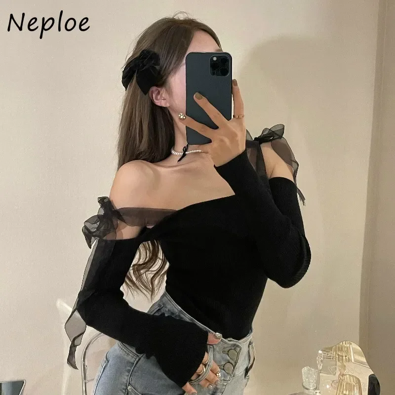 Neploe Sexy Slash Neck Strapless Shoulder Pullover Sweater Women Pullover Long Sleeve Slim Fit Solid Tees Spring 2024 New Top