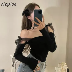 Neploe-女性のためのストラップレスのセーター,セクシーなスラッシュカラーのセーター,長袖トップ,スリムフィット,モノクロ,新しい春,2022