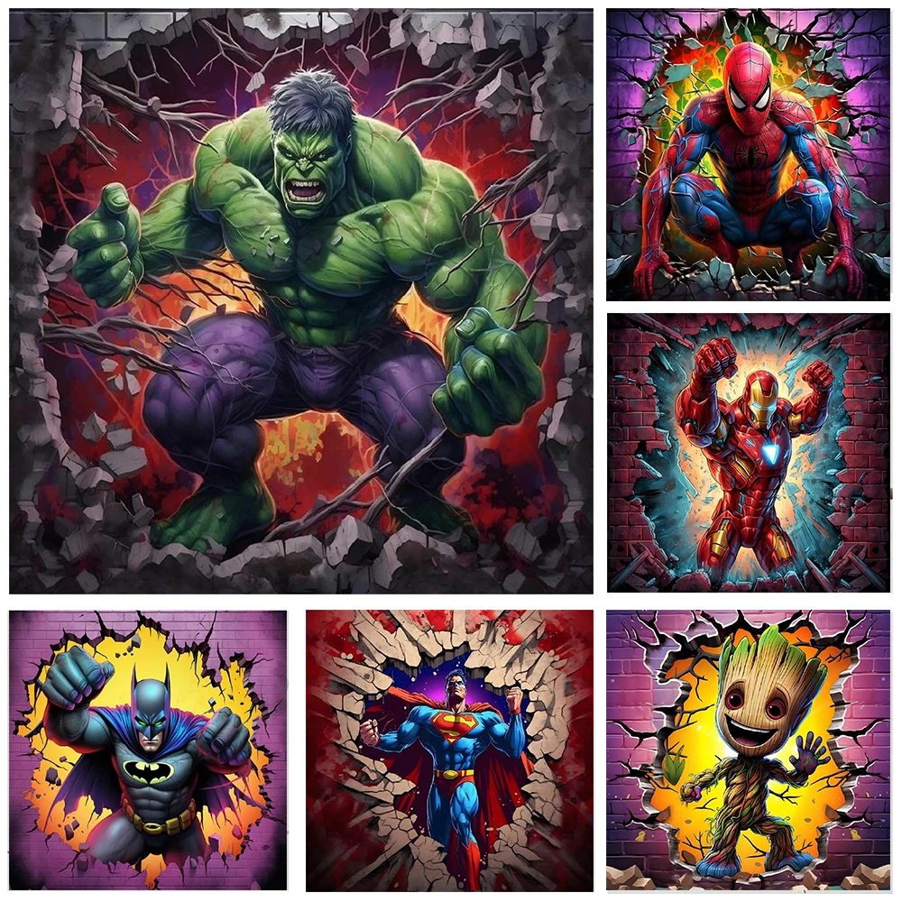 Broken Through Wall Superhero in Action Cartoon Hulk Superman Boy Kids Full DIY Hand Diamond Painting Embroidery Home Decor Gift