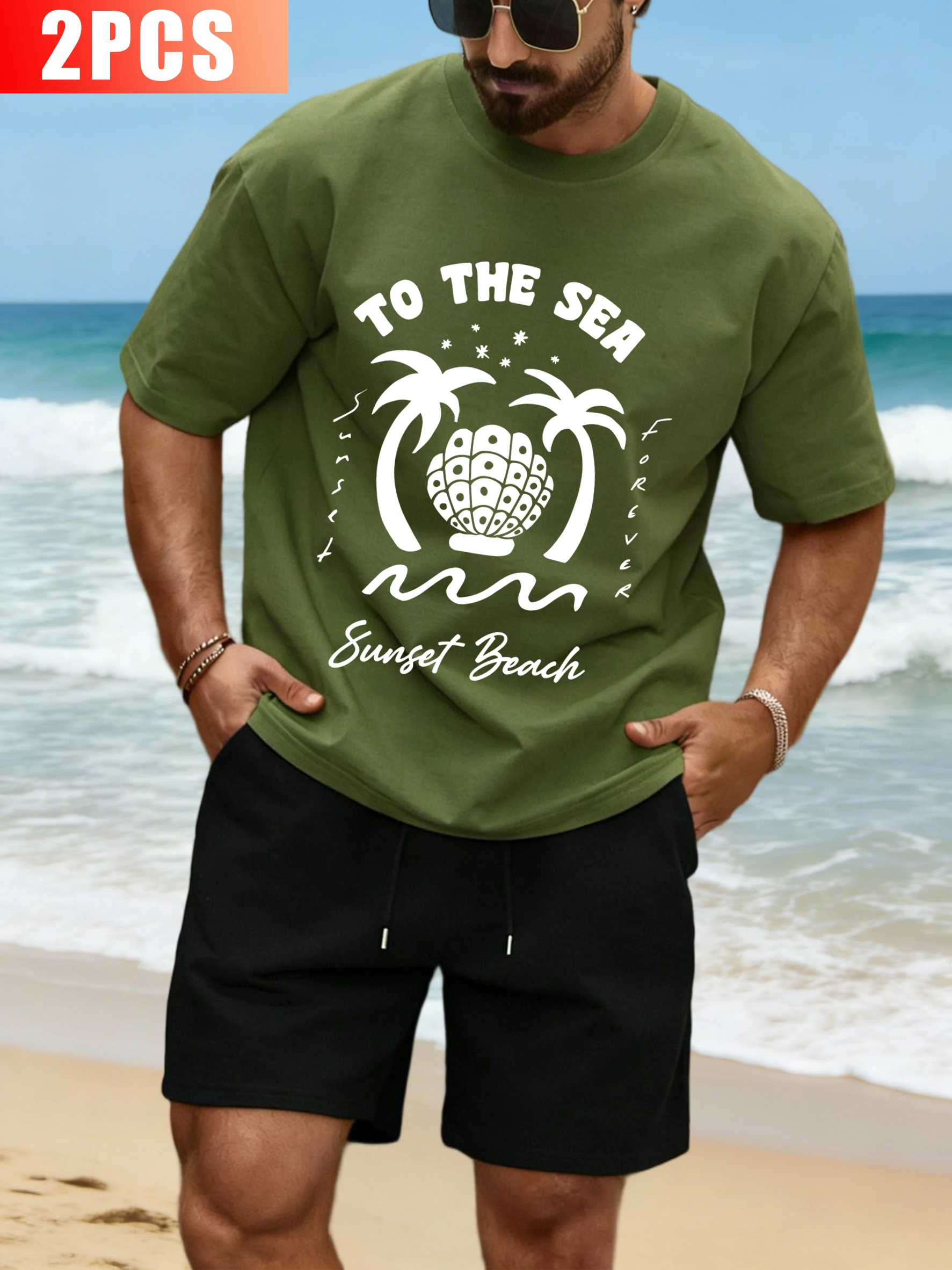 

To The Sea Sunset Beack Print Men T-Shirts Set Cotton Crewneck Short Sleeve Fashion Summer Clothing Sports Drawstring Shorts