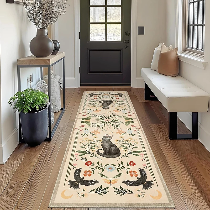 Corridor Carpet Runner Rug Hallway Long Carpets Machine Washable Non-Slip Floor Mat Cat Floral Print Mats Home Decoration Rugs