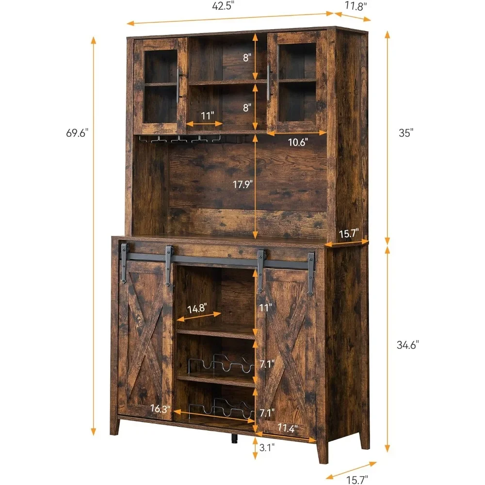 Farmhouse Coffee Bar Cabinet with Sliding Barn Door, 72" Tall Buffet Cabinet with Storage Shelves, Liquor Cabinet with Wine and