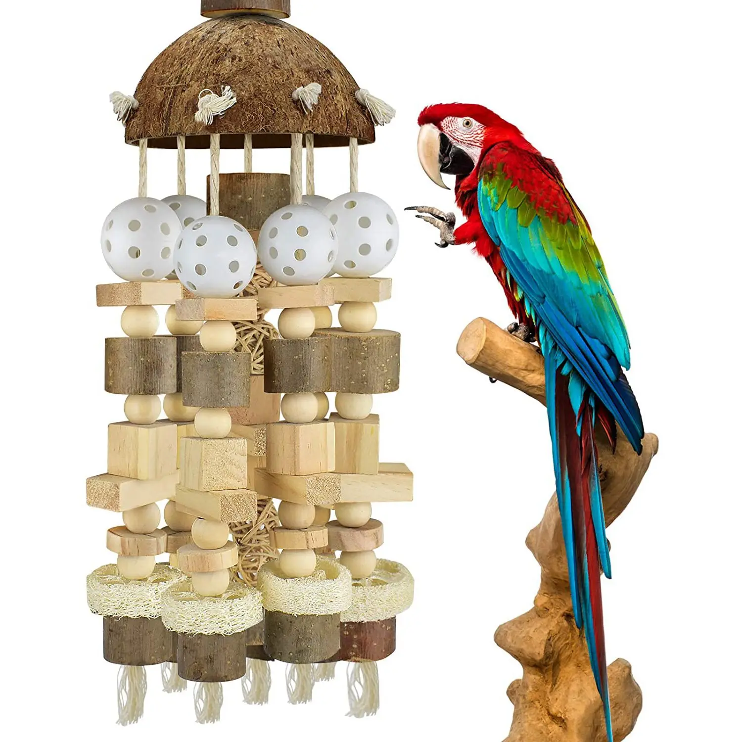 T84C Bird Parrot Toy, Large Parrot Toy Natural Wooden Blocks Bird Chewing Toy Parrot Cage Bite Toy Suits for Macaws Parrots