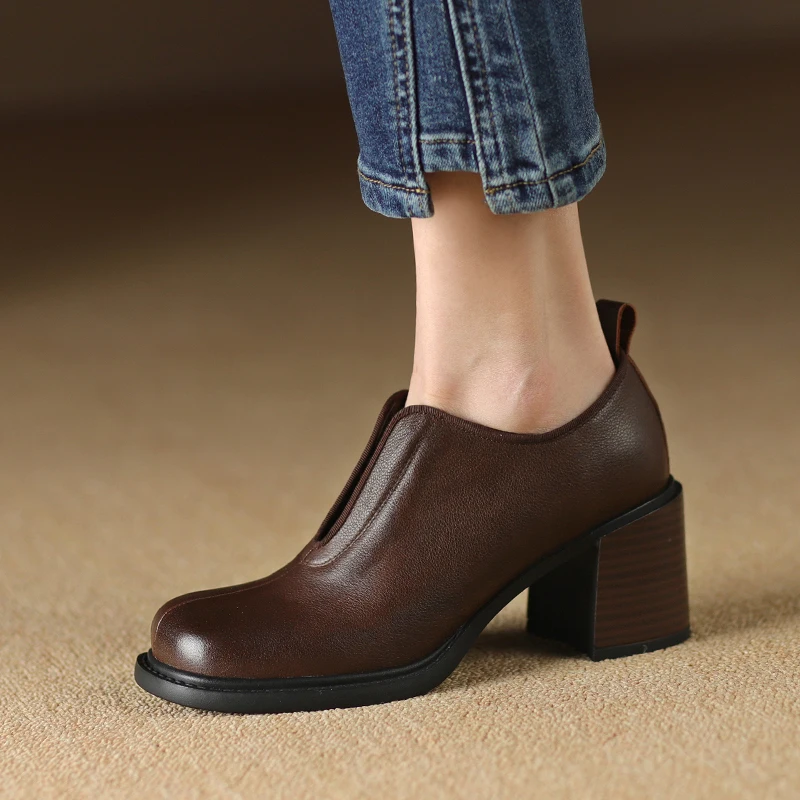 

Thick Sqaure Heel 6.5CM Shoes Woman Retro French Style Cowhide Women Pumps Round Toe Loafers Slip On Spring Autum Pumps