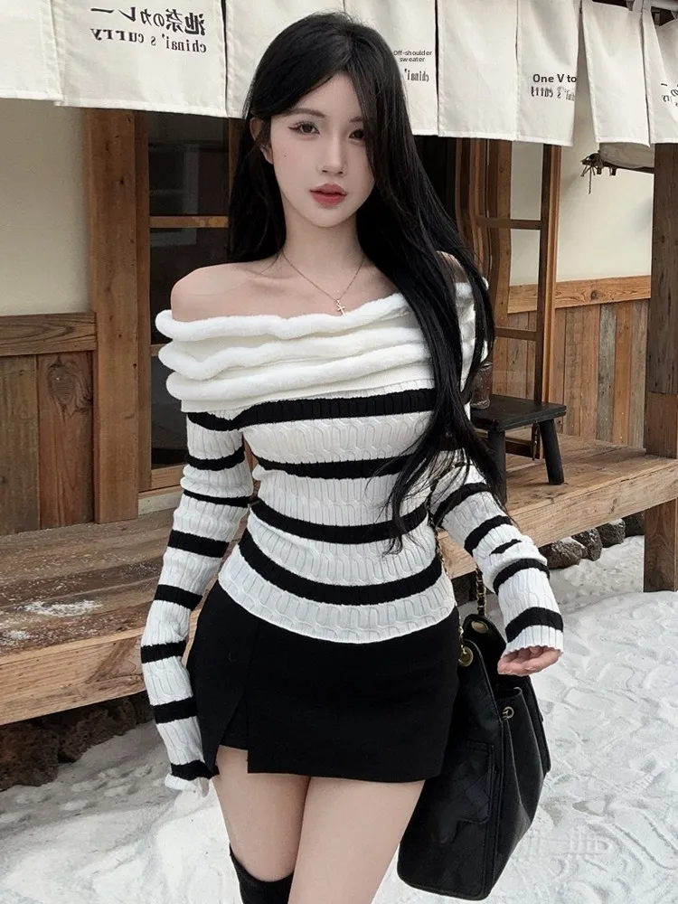 Korean Style Lazy Color Block Striped One Shoulder Slim Fit Knitted Sweater And  Skirt Set Sexy Short Sleeve Long Sleeve