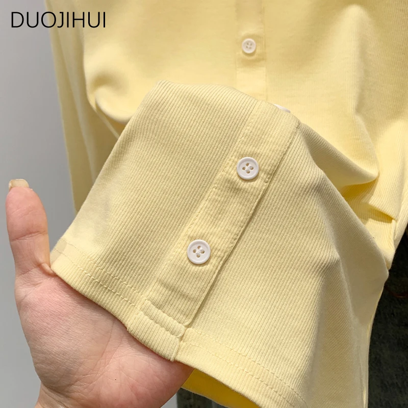 DUOJIHUI Yellow Classic O-neck Simple Casual Women T-shirts Autumn Chic Button Pure Color Basic Long Sleeve S-XL Female T-shirts