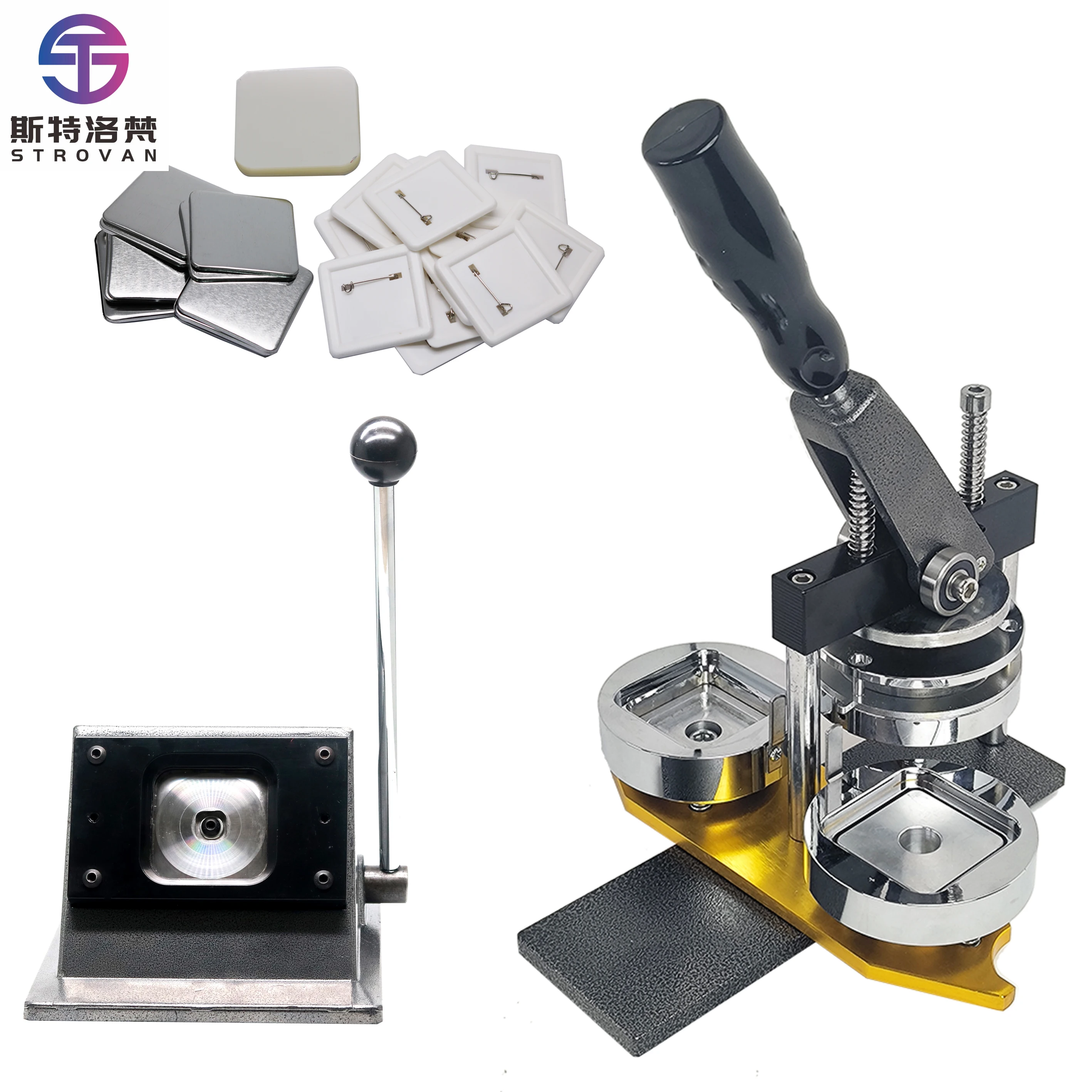 

50*50mm Size Square Button Maker Machine with Cutter and 500 Sets Pin Badge Materials