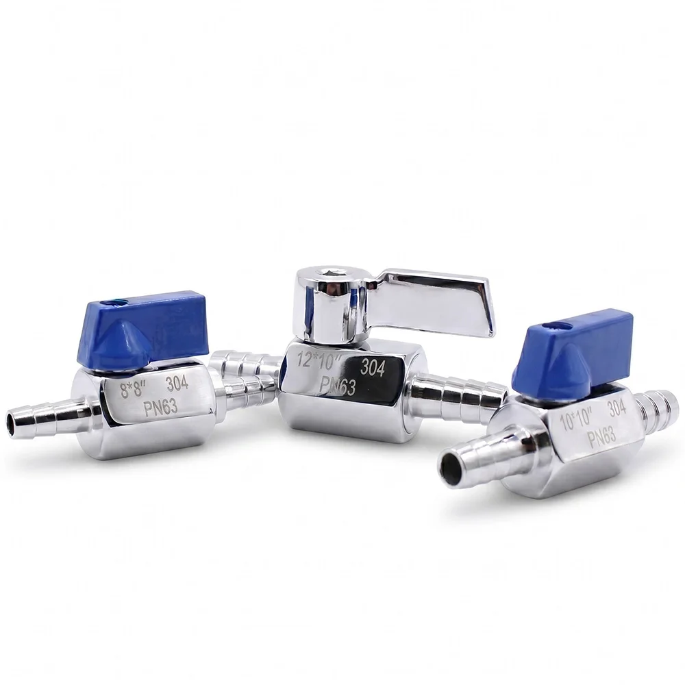 

SS304 Double Hose Barb Mini Ball Valve 8mm 10mm 12mm 14mm Blue Steel Handle Stainless Steel Connector Water Gas Brewing Aquarium