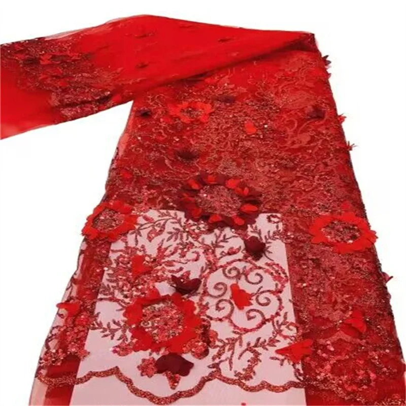 

3d French Tulle African Lace Fabric 2022 High Quality Black Embroidery Sequins Nigerian Lace Fabrics 5 Yards For Dress Red/Gold