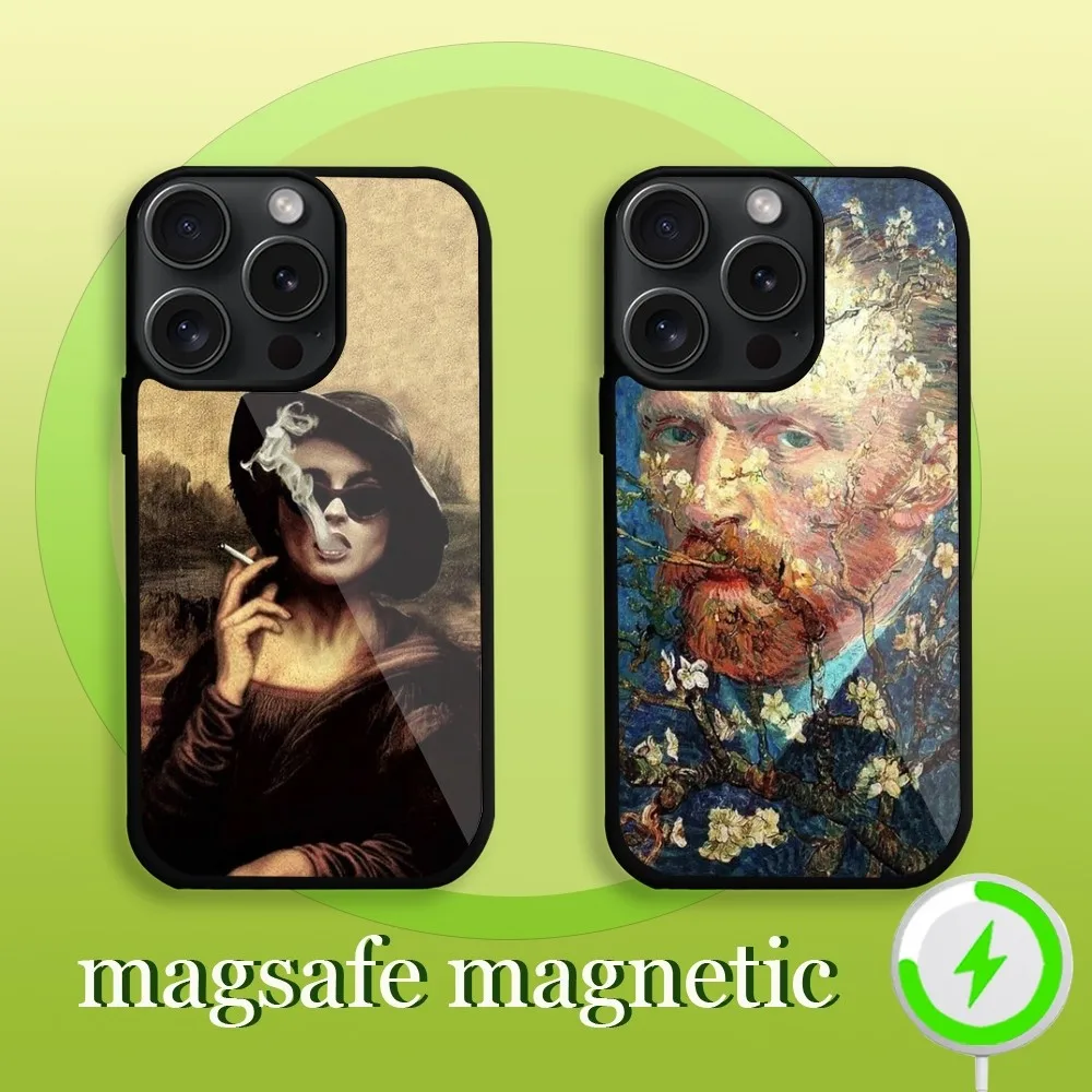 Van Gogh Mona Lisa Fun Cat Art Phone Case For iPhone 11 12 13 14 15 Pro Maafe Magnetic Wireless Charging Coverx Plus