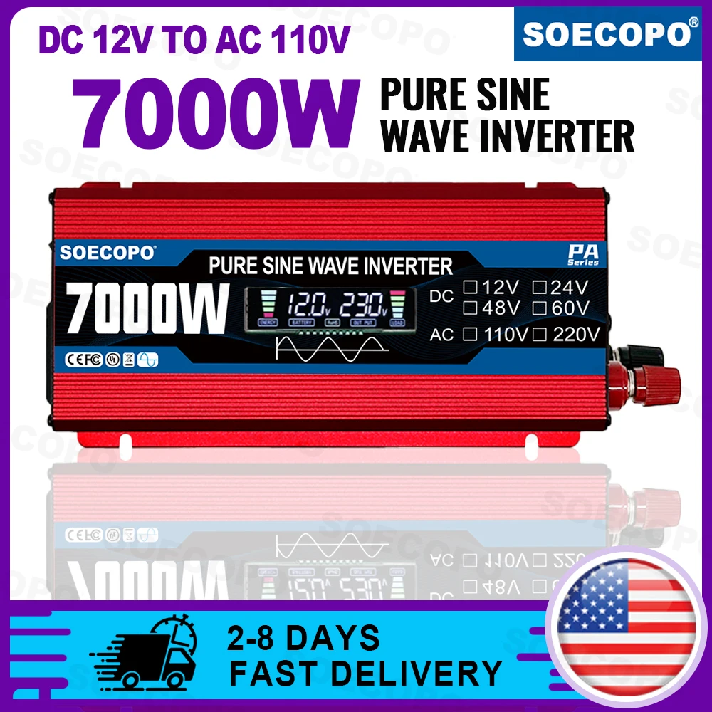 

US Stock SOECOPO 7000W Peak Pure Sine Wave Power Inverter DC 12V to AC 110V Converter LED Display for RV Home Solar System
