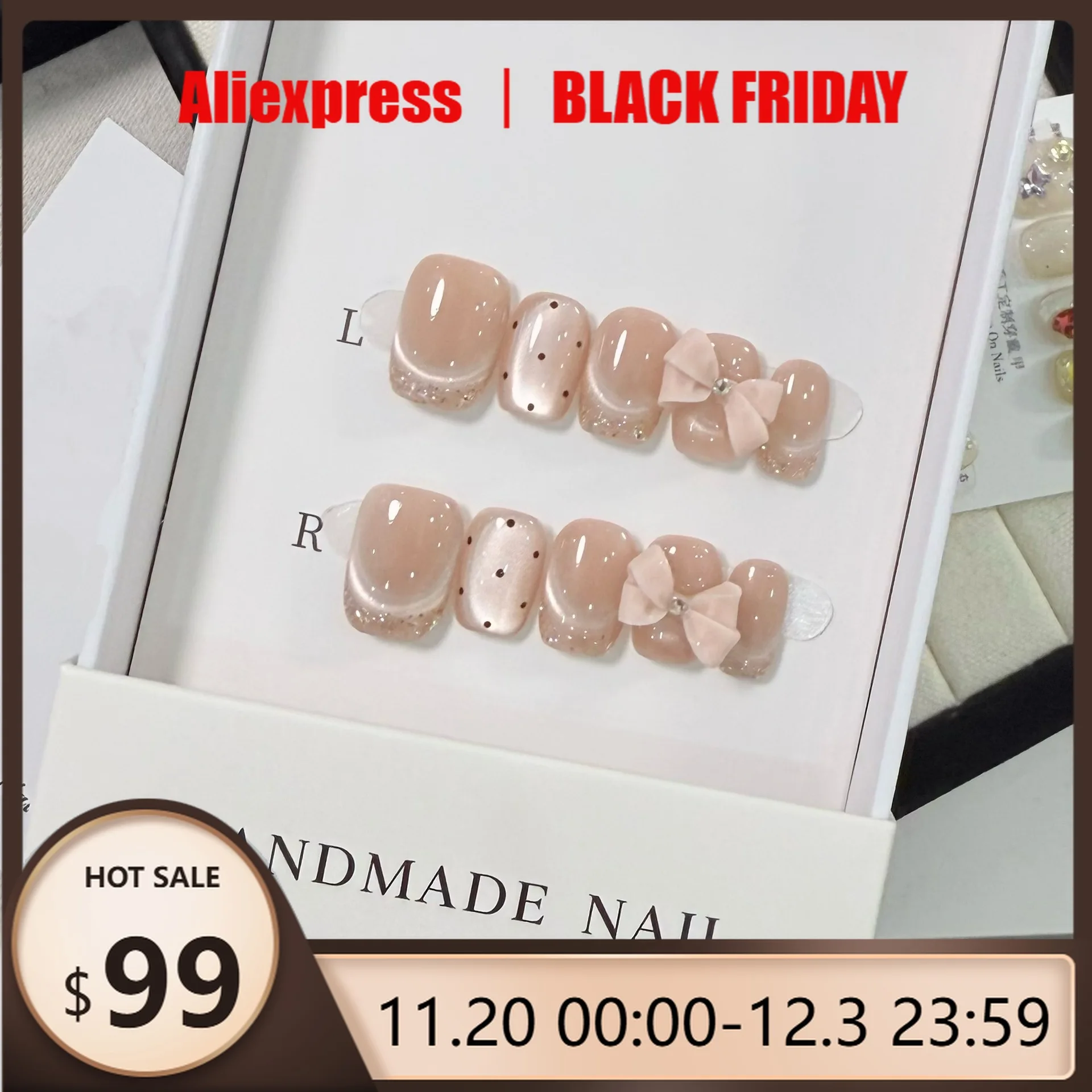 

10Pcs Nude Cat Eye Handmade Press on Nails 3D Bow Short Almond Fake Nails Pearl Glitter Diamond False Nails French Nail Art Tip