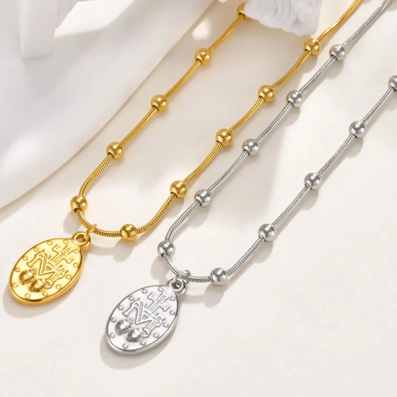 Vnox الخفيفة الفاخرة الوردية القلائد للنساء ، الفولاذ المقاوم للصدأ الخرز سلسلة مريم العذراء قلادة ، عبر الذيل الدين مجوهرات هدية #2