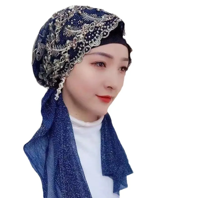 

Embroidery Beading Women Turban Cap Ready To Wear Head Scarf Wrap Muslim Hijab Hair Cover Cap Pre-Tied Headscarf Hat Islam Shawl