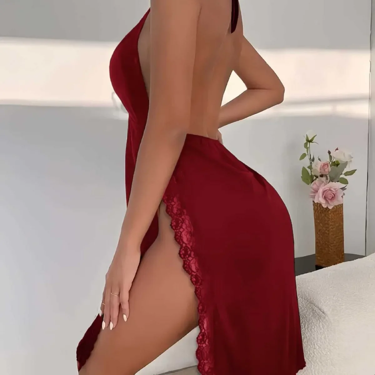 Nuevo camisón de mujer con tirantes para el cuello, vestido sin espalda con abertura, lencería de cintura alta, ropa de dormir con escote en V profundo, detalles de encaje y satén, ideal para usar en casa.