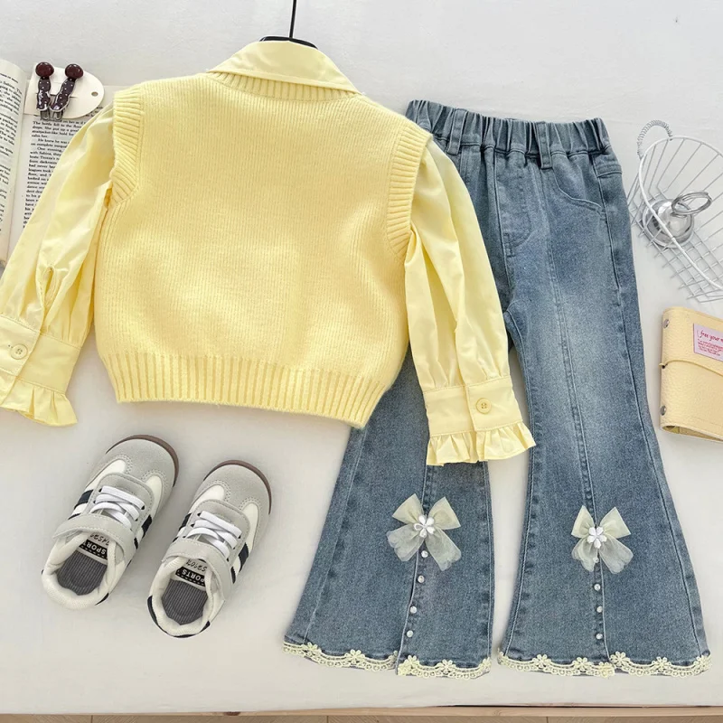 

Girls Autumn New Jeans Suit2025New Hollow Out Vest Beaded Shirt Flared Pants Three-Piece Set