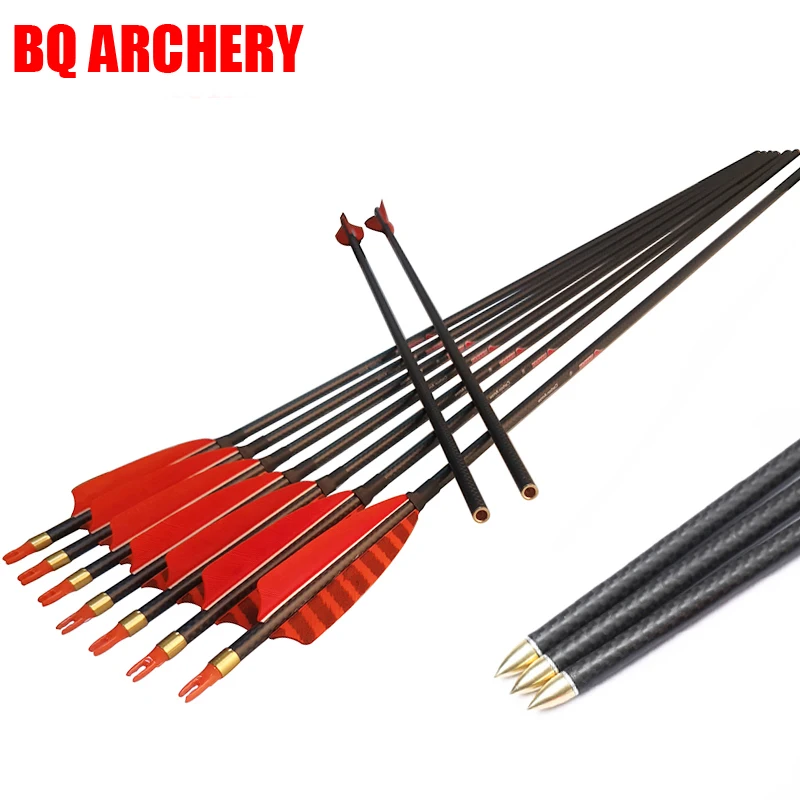 

12pcs Archery Pure Carbon Arrows 3k 4inch Turkey Feather ID6.2mm 100GR Tips 38gr Copper Insert Bow Hunting