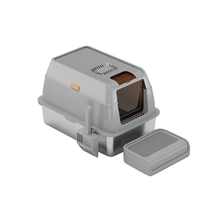 Fully Enclosed Extra Large Cat Litter Box Stainless Steel Odor-Proof Cat Toilet with Easy Clean Sand Tray