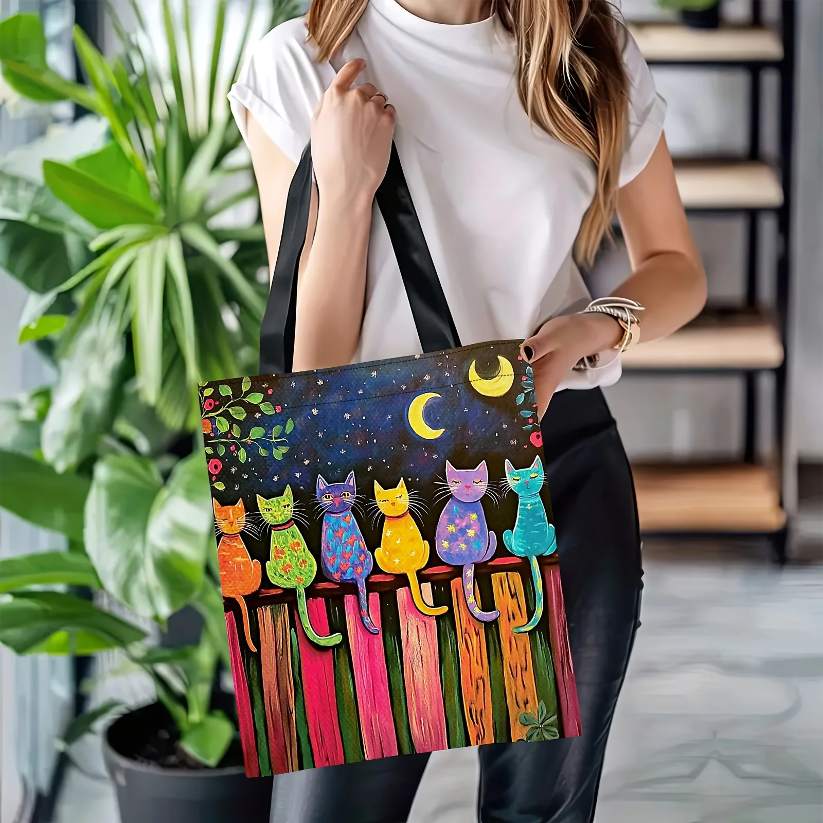 1pc Kitten Back Multifunctional Handbag Lightweight Durable Polyester Tote Whimsical Cat Starry Night Design Shoulder Bag