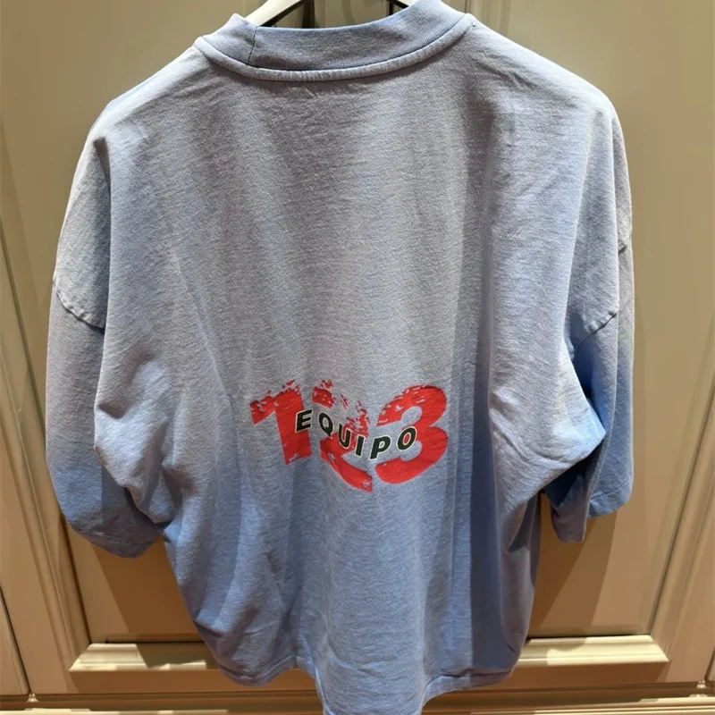 Washed Blue RRR123 T-Shirt Graffiti Letters Printed Trendy T Shirt Vintage Loose High Quality RRR123 Tops Man Woman Same Style